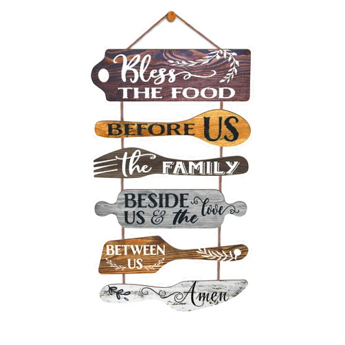 EXQUIDECA Bless the Food Before Us Farmhouse Kitchen Wall Decor - Dining Room Decorations Collage Wall Art in Neutral Grey Color - Wooden Rustic 6pcs Roped Sign 25x14 Inches Vertical
