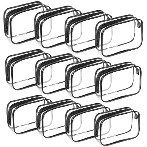 Weewooday 12 Pieces Clear Cosmetics Bag PVC Zippered Clear Toiletry Carry Pouch Cosmetic Makeup Bag Waterproof Makeup Vinyl Plastic Organizer Case for Vacation Bathroom(Black,Medium)