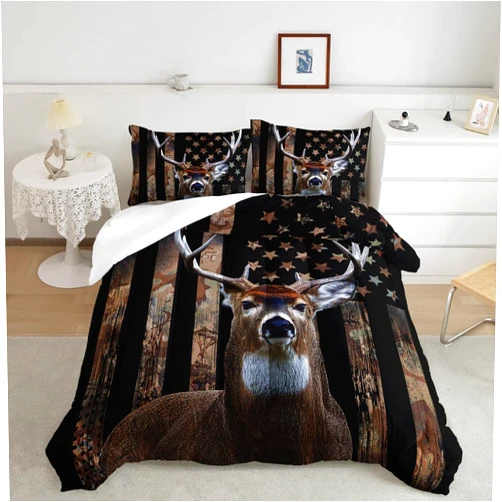 HOSIMA Deer Hunting Camo Comforter,Hunter Bedding Set American Flag Comforter Queen Size for Room Decor,Deer Comforter Set for Boys Teens Girls,Queen Comforter Set with 2 Pillowcase.