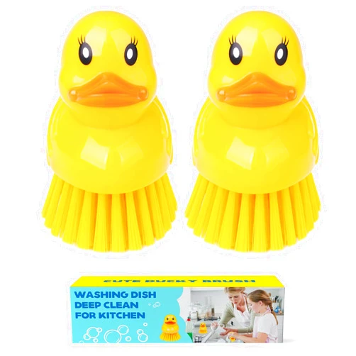 GTOTd Cute Ducky Washing Dish Brush（2 Pack） Ergonomic Palm Scrubber with Handle for Potato Vegetable Fruit Best Small Kitchen Gadgets Gifts Accessories Stuff Household Cleaning Dishwashing Supplies