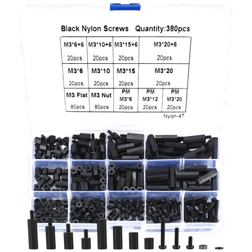 JETFLIP 380PCS M3 Black Male Female Nylon Hex Spacer Standoff Screws Nuts Set Assortment Kit Nylon Spacers Screw Spacers Outlet Spacers for Electrical Screws Switch PCB Motherboard Circuit Board(Black)
