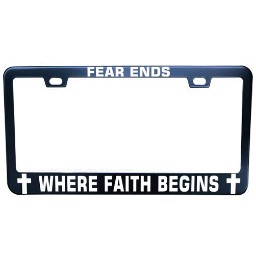 HuiyaoEC Fear Ends Where Faith Begins Car Tag Holder, 12 x6 Inch Black Stainless Steel Vanity Plate Frame for Front of Car, 2 Holes & Screws