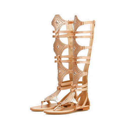 PLAZRU Lace Up Knee High Gladiator Sandals for Women Flat Caged Buckle Strapy Sandals Casual Summer Back Zipper PU Leather Sandals