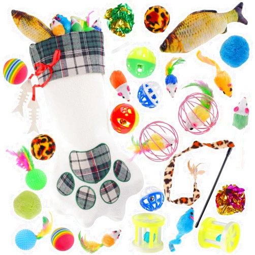 QBSM Cat Christmas Plaid Pet Paw Stockings with 26 Pcs Cat Toys for Cats and Kitten (Cat with 26 Toys)