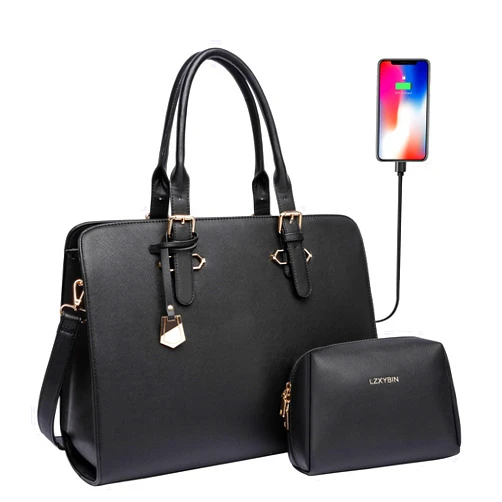 LZXYBIN Laptop Tote Bag for Women, Extra Large Waterproof PU Leather Tote Bag for Women Work, Womens 15.6 Inch Laptop Purse/Business Bag/Messenger Shoulder Bag/Teacher Tote Bag/Laptop Briefcase Black
