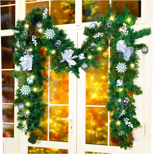 MorTime 9 FT LED Christmas Garland with Berries Bows Christmas Balls, Pre-Lit Artificial Garland with 50 Warm White LED Lights for Indoor Outdoor Christmas Decorations
