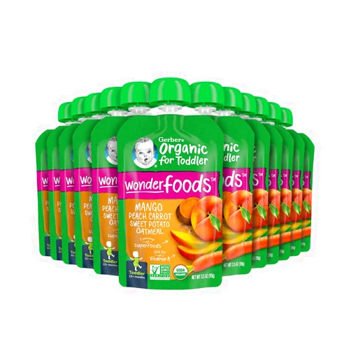 Gerber Organic Baby Food Pouches, Toddler, WonderFoods, Mango Peach Carrot Sweet Potato & Oatmeal, 3.5 Ounce (Pack of 12)