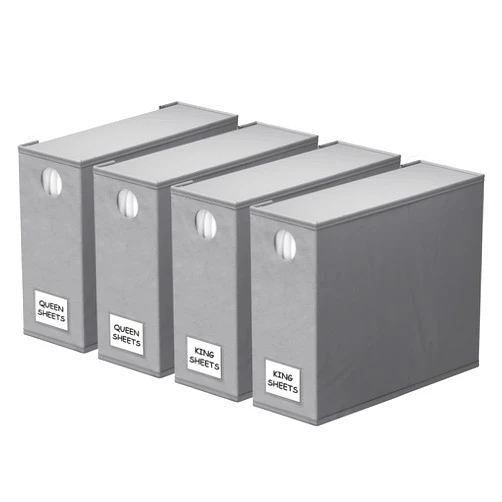 SpaceAid 4 Pack Bed Sheet Organizers and Storage, Foldable Sheet Organizer for Linen Closet, Sheets Set Folder Keeper with Window XL (Queen & King Size) Organizing Bedding Container, Gray