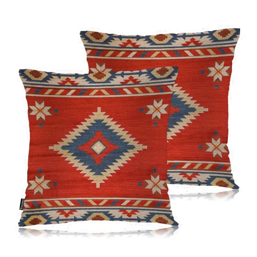 Swono Aztec Pattern Set of 2 Throw Pillow Covers Ikat American Navajo Style Chevron Red 18x18 Inches Pillow Cases Standard Cushion Cover Square Pillowcases for Men Women Decorative Home Bed Sofa