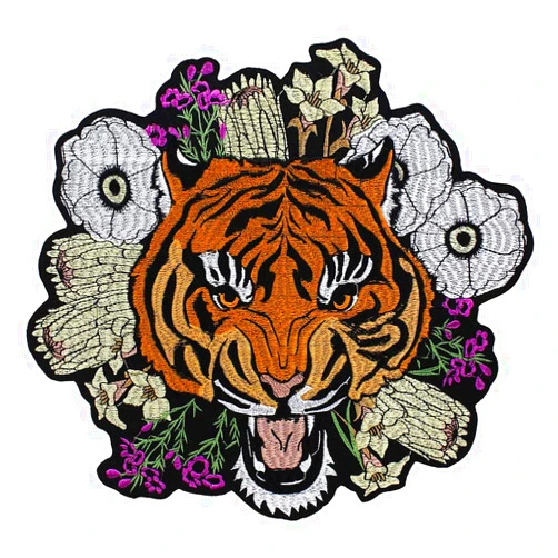 Sunbe Embroidery Large Fashion Tiger Head Flowers Fabric Back Patch Motif Applique Iron on Badge for Clothes Jacket 1piece