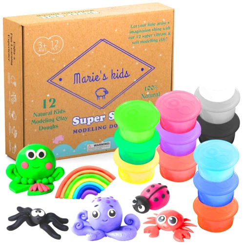 Marie's kids Modeling Clay for Kids - 12 Super Soft & 100% Natural Kids Modeling Clay Doughs Made from Wheat Flour - 100g Per Can of Reusable & Vibrant Kids Clay Modeling Kit for Ages 3+ by Marie’s Kids