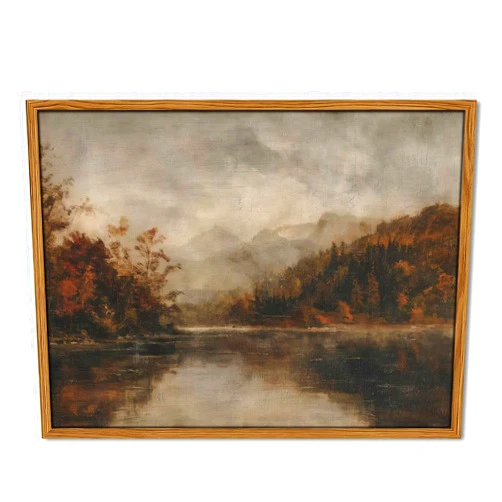 PXYSPMVP Wood Framed Vintage Wall Art, Moody Lake Forest Landscape Wall Decor Paintings, Nature Mountain Pictures Canvas Prints Rustic Farmhouse Artwork for Living Room Bedroom Home Decor 16x24 inch