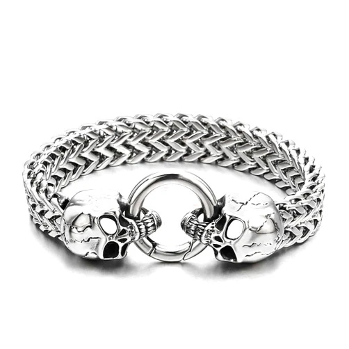 COOLSTEELANDBEYOND Gothic Mens Stainless Steel Skull Franco Link Curb Chain Bracelet with Spring Ring Clasp
