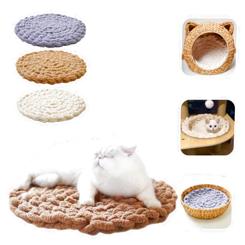 Jatmira Cute Cat Mat Chenille Hand-Knitted Cat Pad Multi-Functional Luxury Pet Bed Mats Bohemian Self-Warm Ultra-Soft Breathable 20 Inches for Indoor Cats Dogs (Brown)