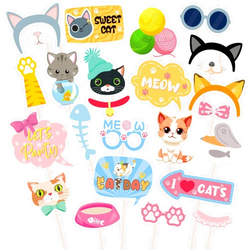 Maicaiffe Cat Photo Booth Props - 25 Pcs Kitten Mewoday Party Selfie Props Favors Supplies - Baby Shower Pet Cat Birthday Party Centerpiece Sticks - Let's Pawty Party Decorations
