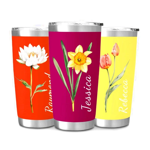 RYTOTHU Personalized Tumbler with Name & Birth Flowers - 20oz Personalized Coffee Tumbler Cup with Lid, Stainless Custom Travel Tumbler, Personalized Birthday Christmas Gifts for Women Mom