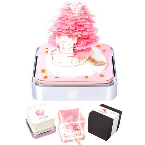 RSLIPIN 3D Memo Pad Time Piece Calendar 2024,3D Calendar Memo Pad DIY Notes Notepad Paper Craft Art Romantic Tree House,2024 Desk Calendar With LED Lights,Pink