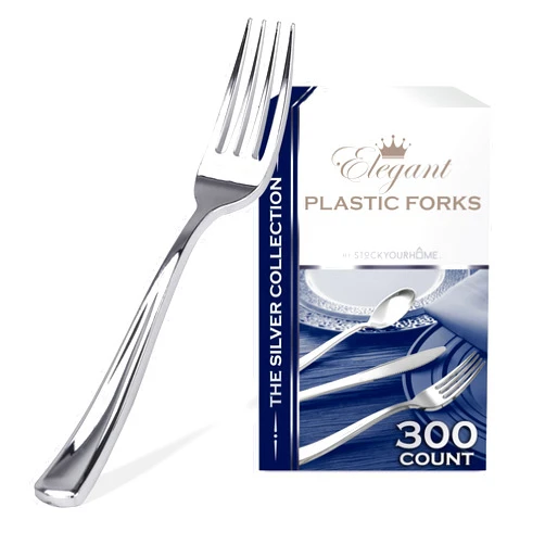 Stock Your Home 300 Disposable Heavy Duty Plastic Forks, Fancy Plastic Silverware Looks Like Real Cutlery - Utensils Perfect for Catering Events, Restaurants, Parties and Weddings (Silver)