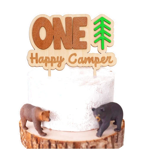 CANTLY Happy Camper Wooden Cake Topper - Wood 1st Birthday Cake Topper, Woodland Decor, Lumberjack Cake Topper First Birthday Party Mountain Hiking Sage Green Decoraiton, Camping Birthday (Camper Topper)