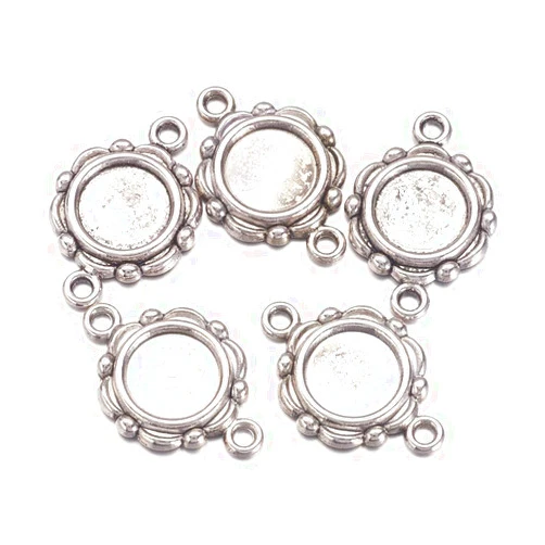 KISSITTY 20-Piece Tibetan Antique Silver Flower Blank Bezel Tray Cabochon Base Connector Settings Charms 10mm Inner Diameter Flat Round Bezel Cameo Photo Frame Pendant Makings Findings