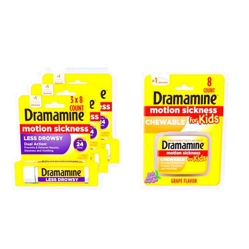 Dramamine Motion Sickness Relief, All Day Less Drowsy Tablets, 8 Count, 3 Pack & Kids Chewable Grape, 8 Count