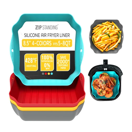 ZIP STANDING Silicone Air Fryer Liners Set OF 4, Air Fryer Silicone Liners for 5-8QT Air Fryer Tray Baking Oven, Large 8.5” Reusable Square Air Fryer Liners with Handles & Holes, Air Fryer Accessories