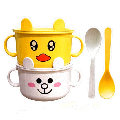 SnugglyBites Unbreakable Bowls for Babies & Toddlers with Spoon and Lid, Eco-Friendly Wheat Straw, Stay Put Suction, BPA-Free, Microwave & Dishwasher Safe, Lightweight, No Odor or Soap Taste (Yellow&White)