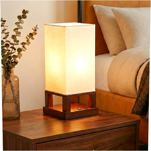 Brightech Maxwell Bedside Lamp with USB Port – Compact Table Lamp for Bedroom, Living Room - Modern Asian Nightstand Lamp with Wood Frame - LED Bulb, Soft Light - Havana Brown
