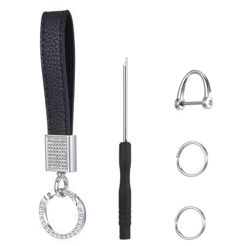 InnoHHustle Leather Wristlet Keychain Car Key Chain Holder Bling Car Keychain Rhinestone Ring Universal Car Key Holder with Sparkly Rhinestones Anti-Lost D-Ring 2 Key Rings (Black)