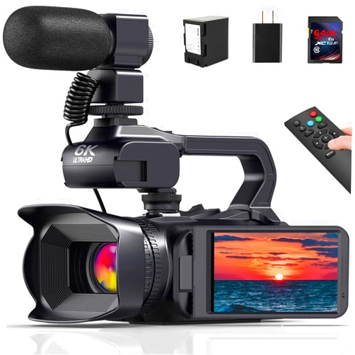 MERVNE 6K Video Camera Camcorder, 64MP 18X Digital Zoom IR Night Version Vlogging Camera for YouTube, HD WiFi Video Camera with 4500mAh Battery, SD Card, Stabilizer, Mic, Remote Control and Charger