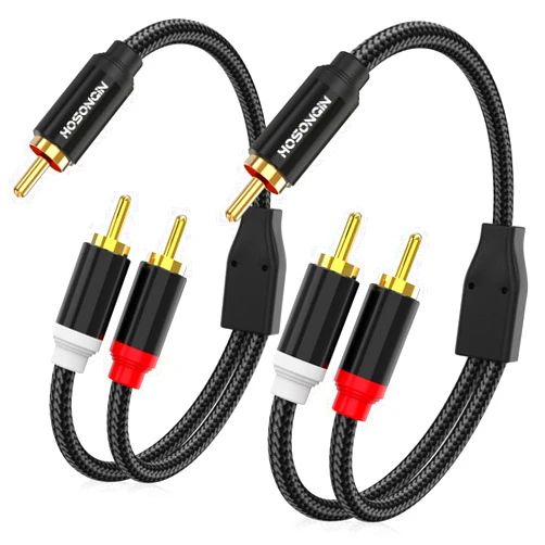 HOSONGIN RCA Y Splitter Cable, 1 Male to 2 Male Audio Cables (2 Pack), 12 Inch, 24K Gold-Plated, Cotton Braided, Shielded Subwoofer Cable for Amplifiers, TV, Home Theater, Hi-Fi Systems