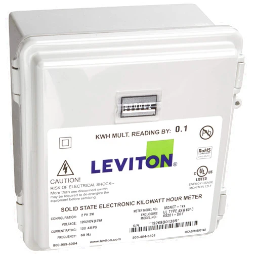 Leviton MO240-1SW Outdoor Surface Mount Mechanical Counter 120/208/240V 2P3W 100A with 2 Solid Core CTs Mini Meter Kit
