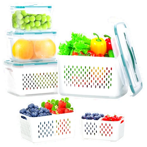 Ronanemon Upgraded Fresh Produce Vegetable Fruit Storage Containers,Large Fruit Containers for Fridge with Lid Vent Handle and Colander ,Keep Berry Fruit Vegetable Food Meat Fresh Longer (4)