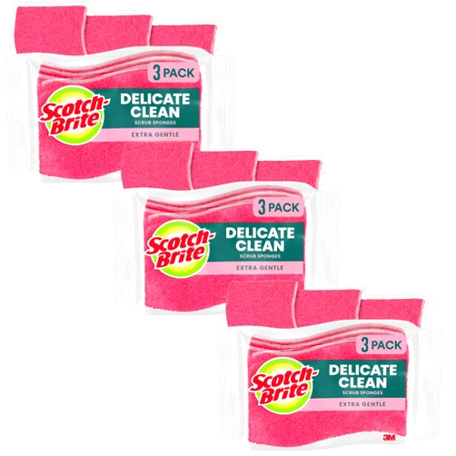Scotch-Brite Delicate Care Scrub Sponges, 9 Count (3 Packs of 3) – Non-Scratch Cleaning for Glassware, Non-Stick Cookware