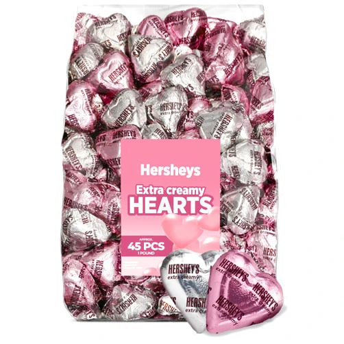 Candylish Hershey's Valentine’s Day Chocolate Hearts, 1 LB Bag, Approx. 45 Pieces, Silver and Pink Wrapped Milk Chocolates, Romantic Candy for Gifts, Party Favors, and Decorations