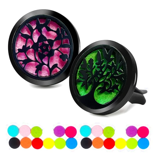 Nadiho 2 Pcs Car Diffuser Vent Clips, Car Automotive Air Fresheners Essential Oil Car Diffuser Clip 30mm Stainless Steel Black Locket with 24 Felt Pads (Tree and Flower)