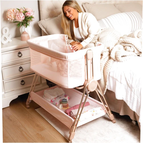 KOOLABABY Baby Bedside Sleeper - Bassinet & Bedside Crib with Height Adjustment & Wheels - Can Be Placed Next to Bed - Attaches to Parents Bed - Easy to Fold & Carry Baby Bed for Girls (Pink)