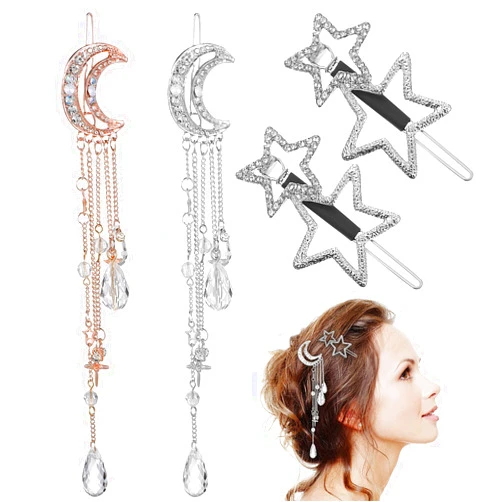 Beaupretty 4Pcs Moon Star hair clips Rhinestone Barrettes with Beads Tassel Hair charms Jewelry for Women Girl Silver Golden