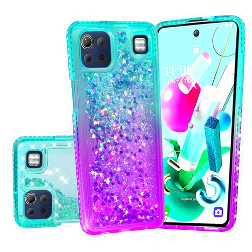 SOGA Compatible for LG K92 5G Case with Tempered Glass Screen Protector SOGA Diamond Liquid Quicksand Cover Cute Girl Women Phone Case - Teal/Purple