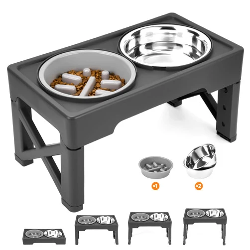 Ciconira Elevated Dog Bowls with Slow Feeder, 4 Adjustable Heights Raised Dog Bowl Stand with Two 1.3L Stainless Steel Food & Water Bowls, Adjusts to 2.8”, 8.6”, 10.2”, 11.8” for Large Medium, Small Dog & Cats