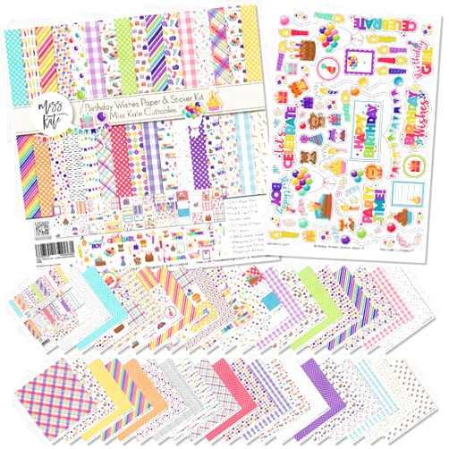 Miss Kate Cuttables Paper & Sticker Kit – Birthday Wishes – for Happy Kids Party Surprise Cake - Pattern 12x12 Scrapbook Paper 12x12 20 Sheet with 39 Designs & 1 8X12 Sticker Sheet - Scrapbooking -by Miss Kate Cuttables