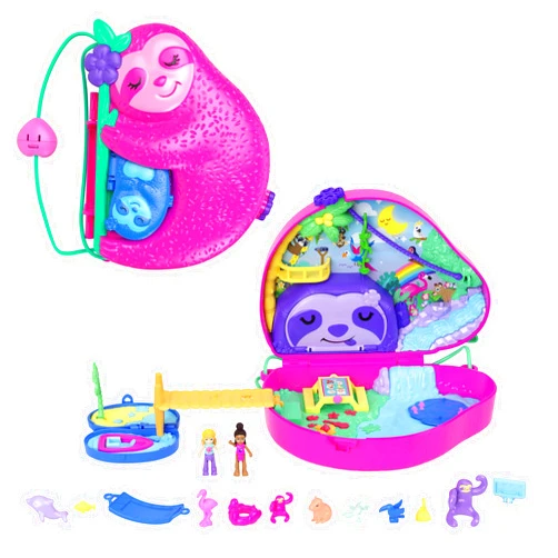 Polly Pocket Playset & Travel Toy with 2 Micro Dolls & 12 Accessories, Animal Toy, Sloth 2-in-1 Purse Compact