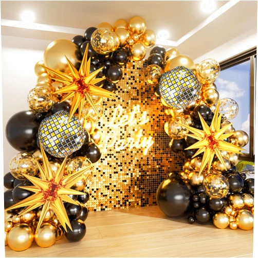 Futureferry Black and Gold Balloon Garland Arch Kit with Gold Starburst Balloons Disco Ball Foil Balloons, Gold Confetti Latex Balloons for Graduation Anniversary Birthday Party Decorations