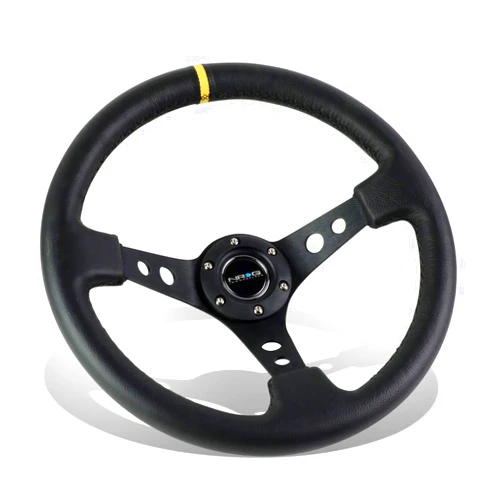 NRG Innovations NRG Steering Wheel - 06 (Deep Dish) - 350mm (13.78 inches) - Black Leather with Black Spokes/Yellow Stripe - Part # ST-006BK-Y by NRG Innovations