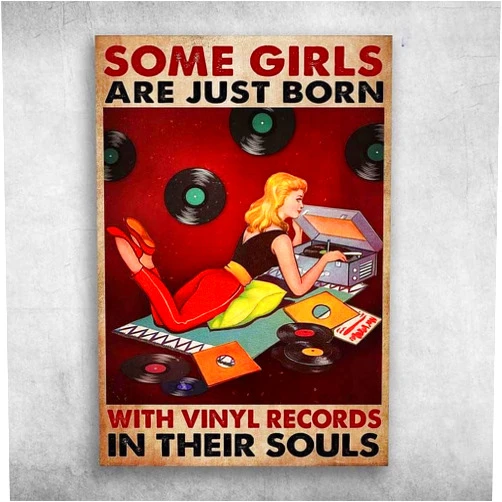 GFJNTY Funny Metal Tin Sign Girl Loves Vinyl Vinyl Records Some Girls Are Just Born With Vinyl Records In Their Souls Tin Metal Sign Plaque Bar Pub Vintage Retro Wall Decor 8x12 Inch