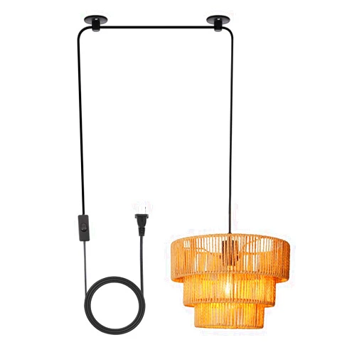 MASIVEL Rattan Plug in Pendant Light, Boho Hanging Lights with Plug in Cord, Farmhouse Pendant Lighting for Kitchen Island Dining Room Living Room Bedroom