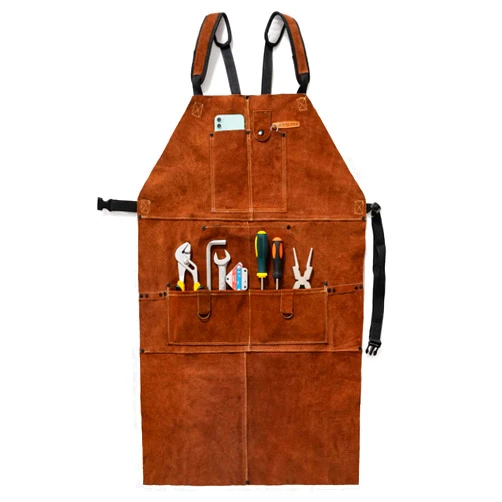 YESWELDER Leather Welding Work Shop Apron with 6 Pockets Heat Flame Resistant Cowhide Welder Apron Heavy Duty Blacksmith Aprons Adjustable for Welders Men Women Length 41