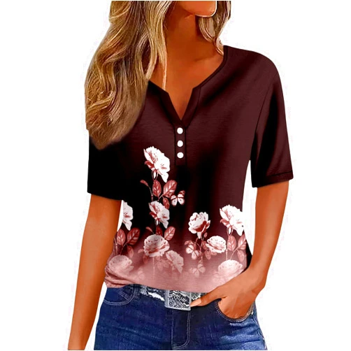 Masbird Summer Tops for Women 2024 Vacation Trendy V Neck Boho Short Sleeve Shirts Basic Tee Blouses Casual Loose Comfy Tunic