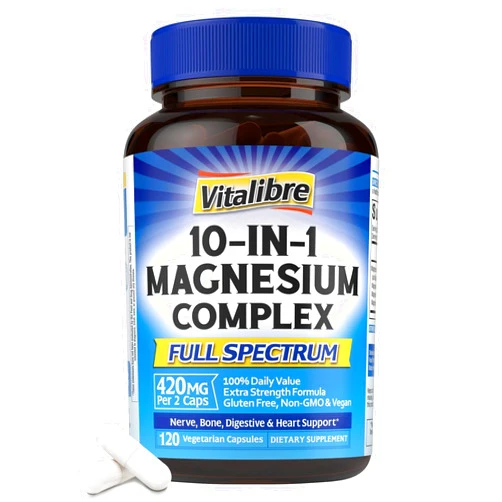 Vitalibre 10 in 1 Magnesium Complex, 420mg Elemental Magnesium | Ultra Strength, Max Absorption | Chelated Magnesium Supplement for Nerves, Bone & Heart Health | Non-GMO, 120 Vegan Capsules