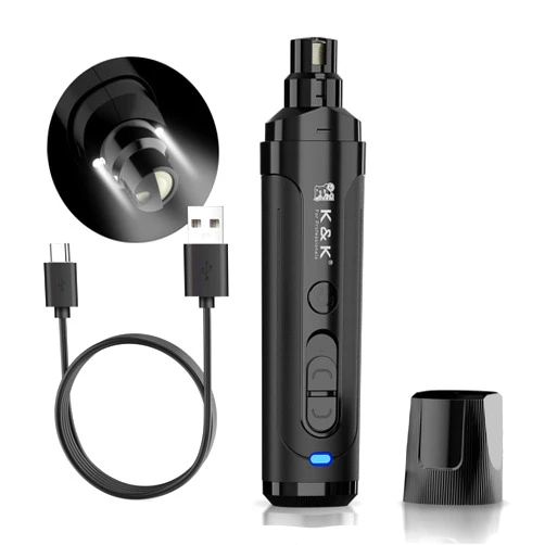 K&K Dog Nail Grinder with 2 LED Light for Large Medium Small Dogs Professional 2-Speed Powerful Electric pet Nail Clipper which Gentle and Painless Paws Grooming & Smoothing Tool (Black)